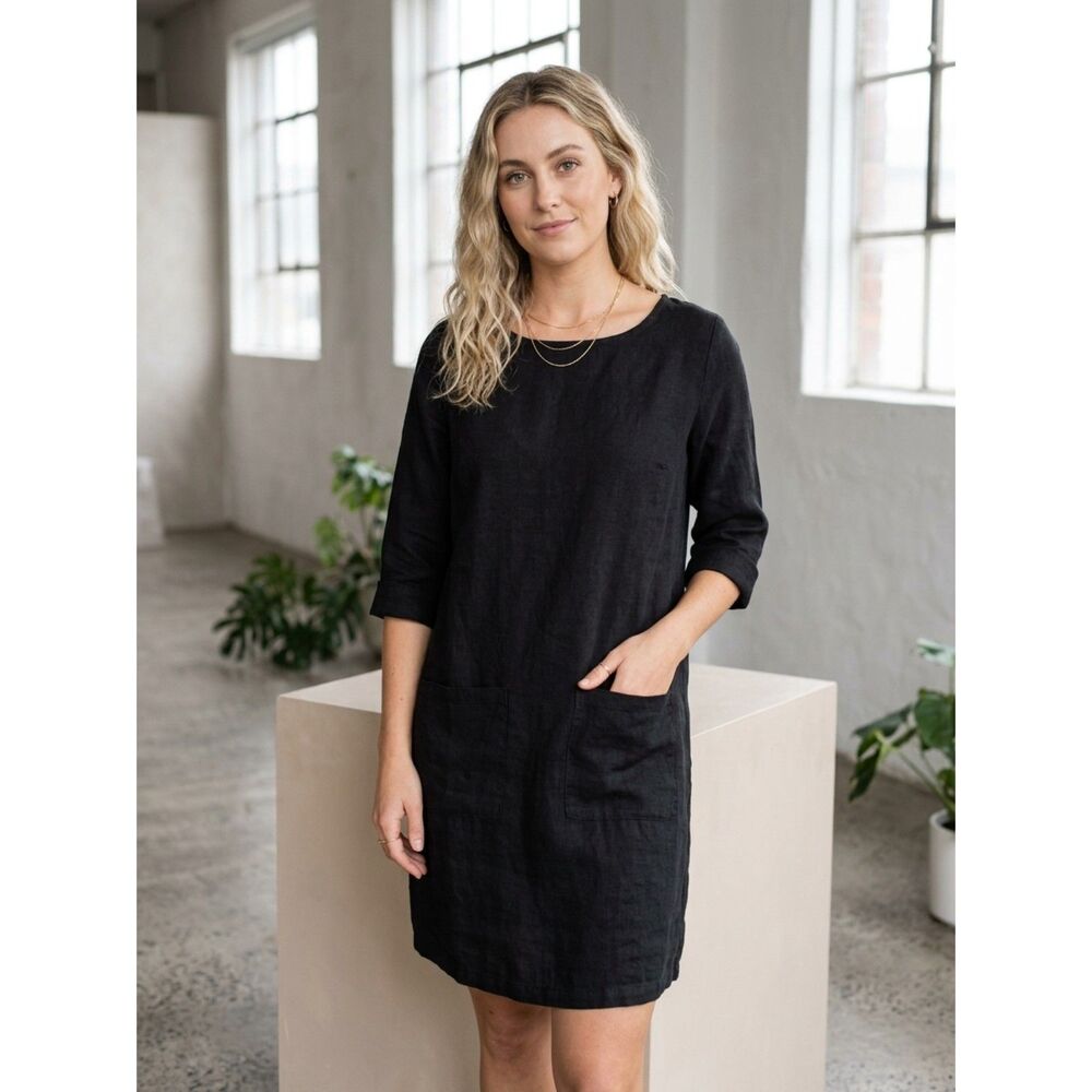 NWOT Cottagecore Pyne & Smith No. 20 Black Linen Shift Tunic Dress Pockets XS